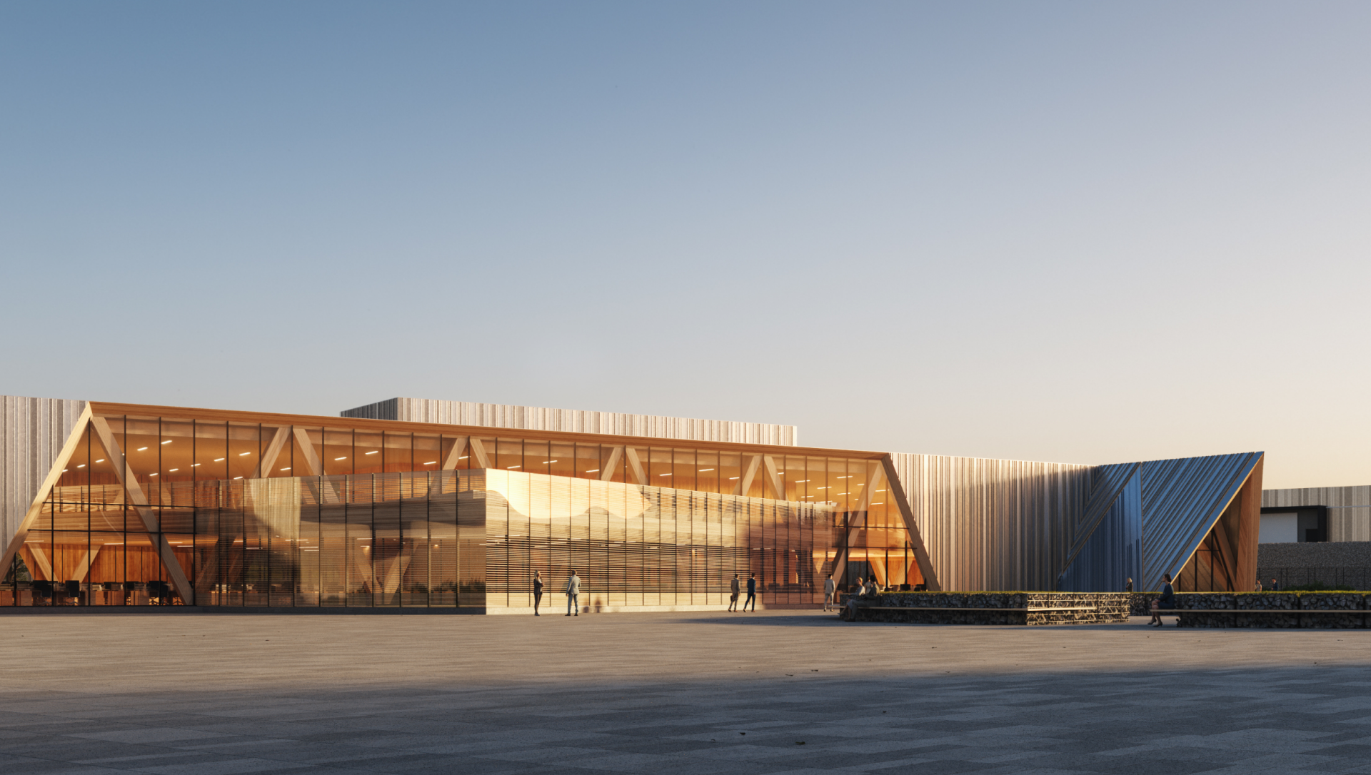 Oklo fuel recycling facility concept at sunset