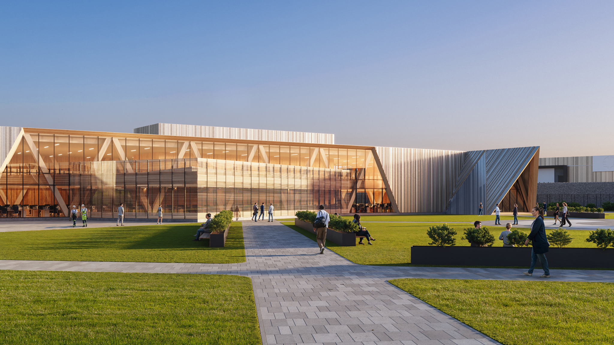 Oklo fuel facility campus with glass halls and landscaped walks
