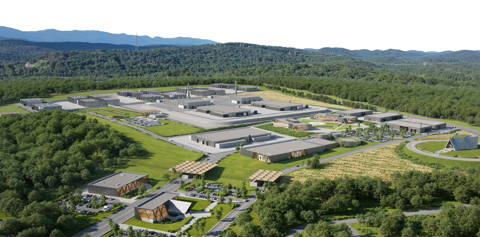 Oklo fuel recycling campus in a forested landscape