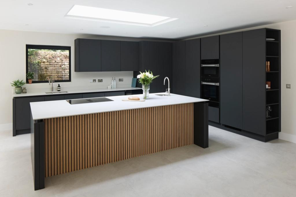 Charcoal and slatted wood handleless kitchen