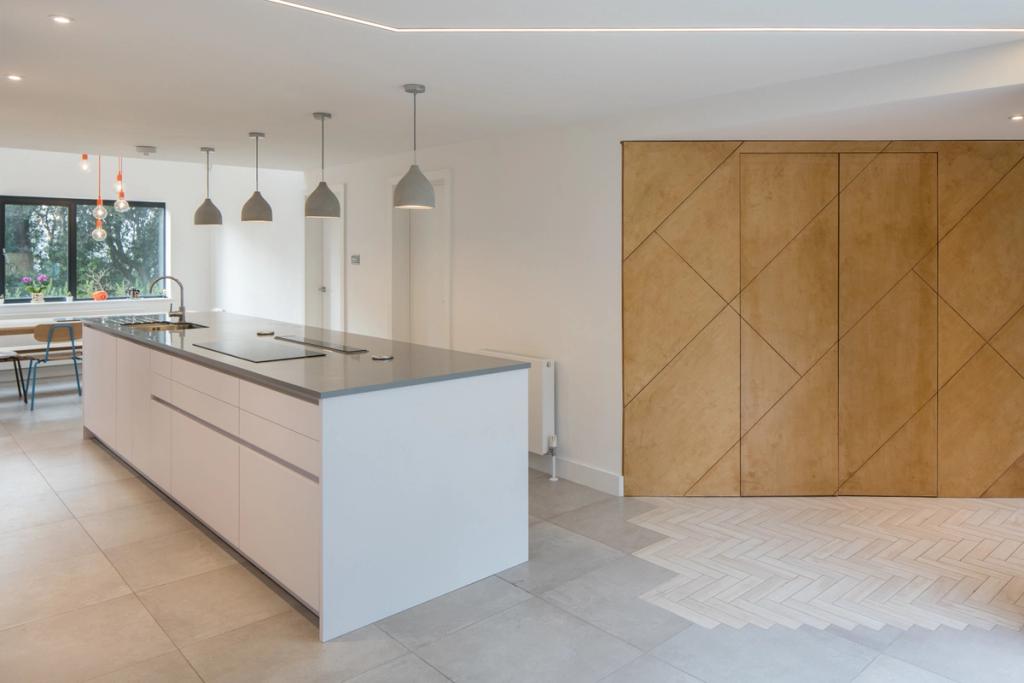 Grey worktop island walkway kitchen