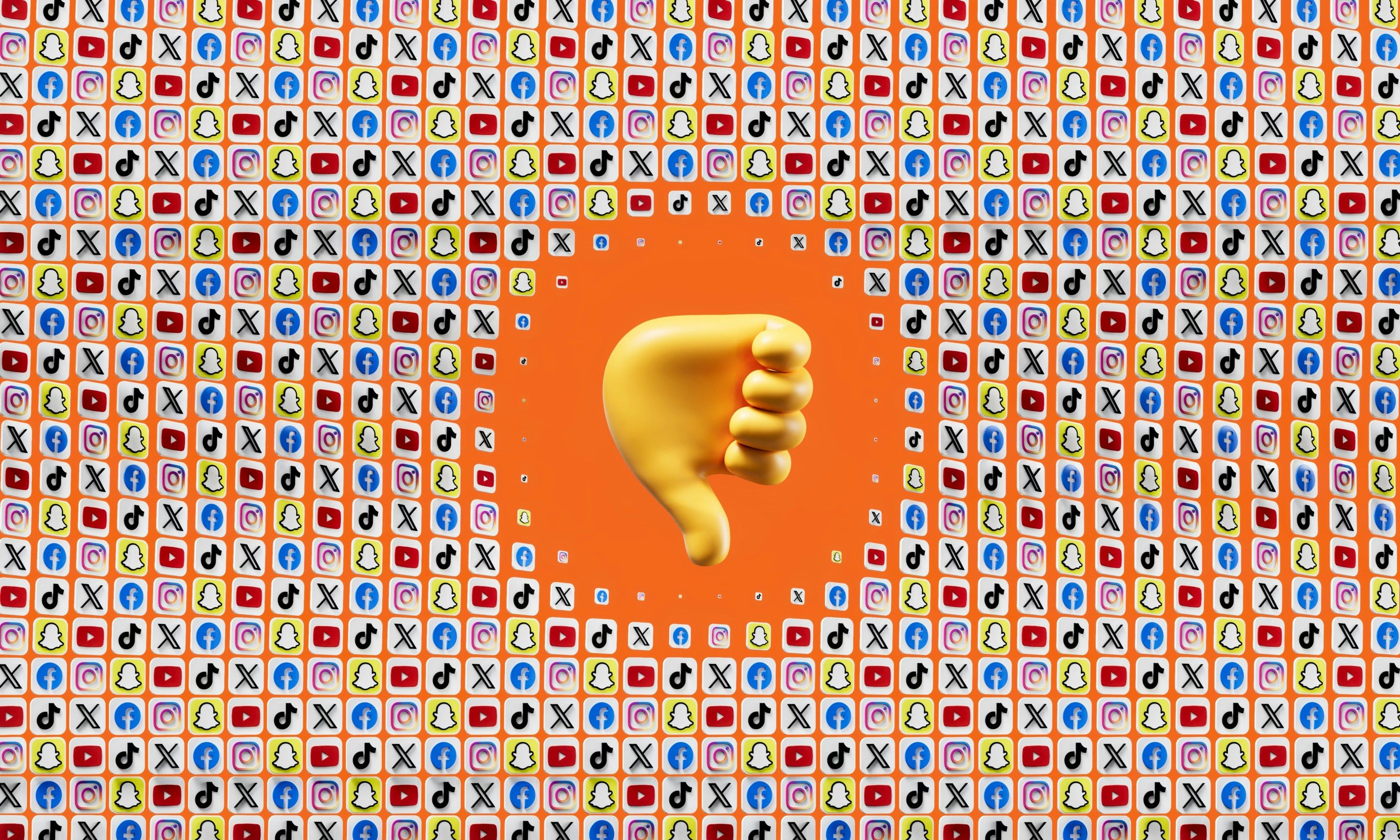 icone d'un pouce vers le bas entourés de logo des réseaux sociaux 