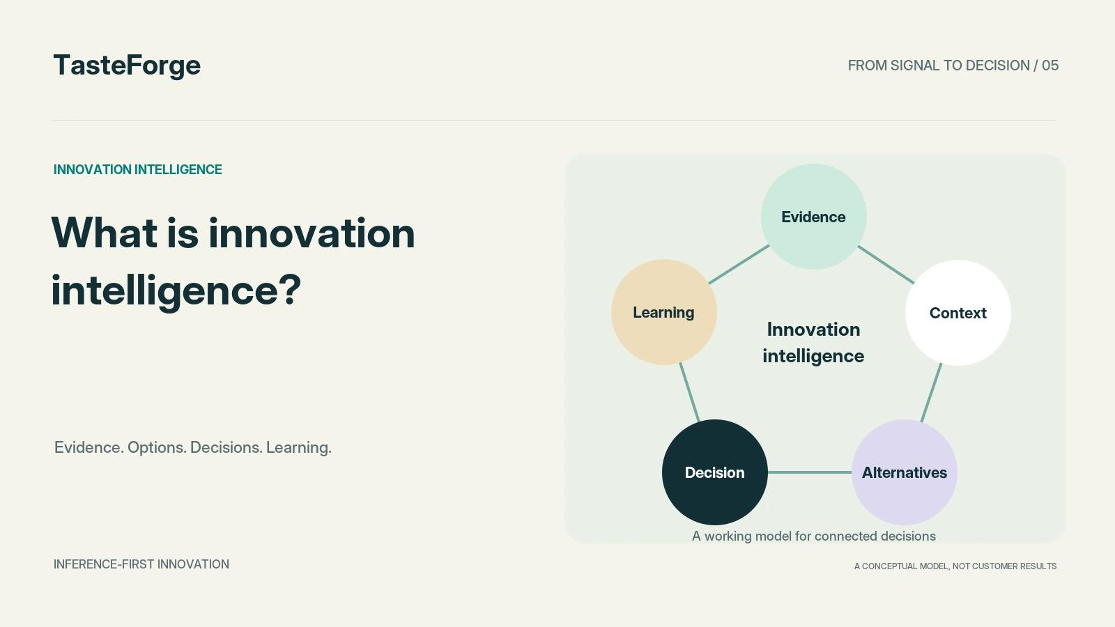 A conceptual loop connects evidence, context, alternatives, a decision and learning.