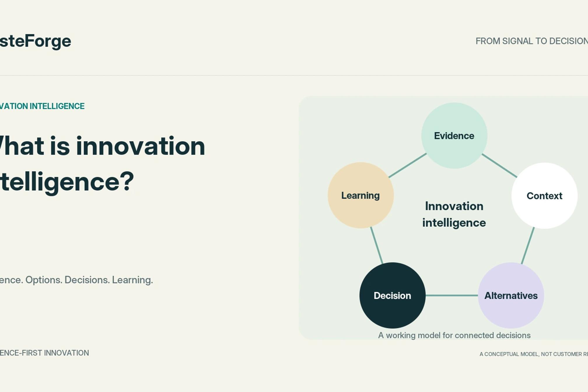 A conceptual loop connects evidence, context, alternatives, a decision and learning.