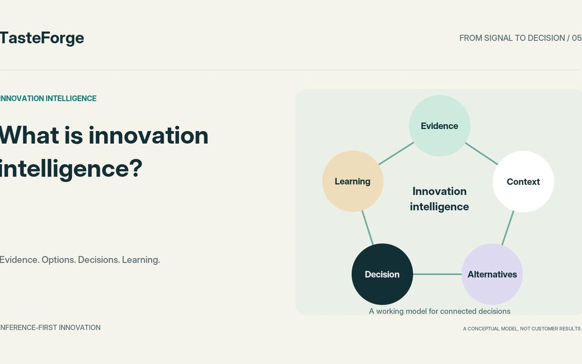 A conceptual loop connects evidence, context, alternatives, a decision and learning.