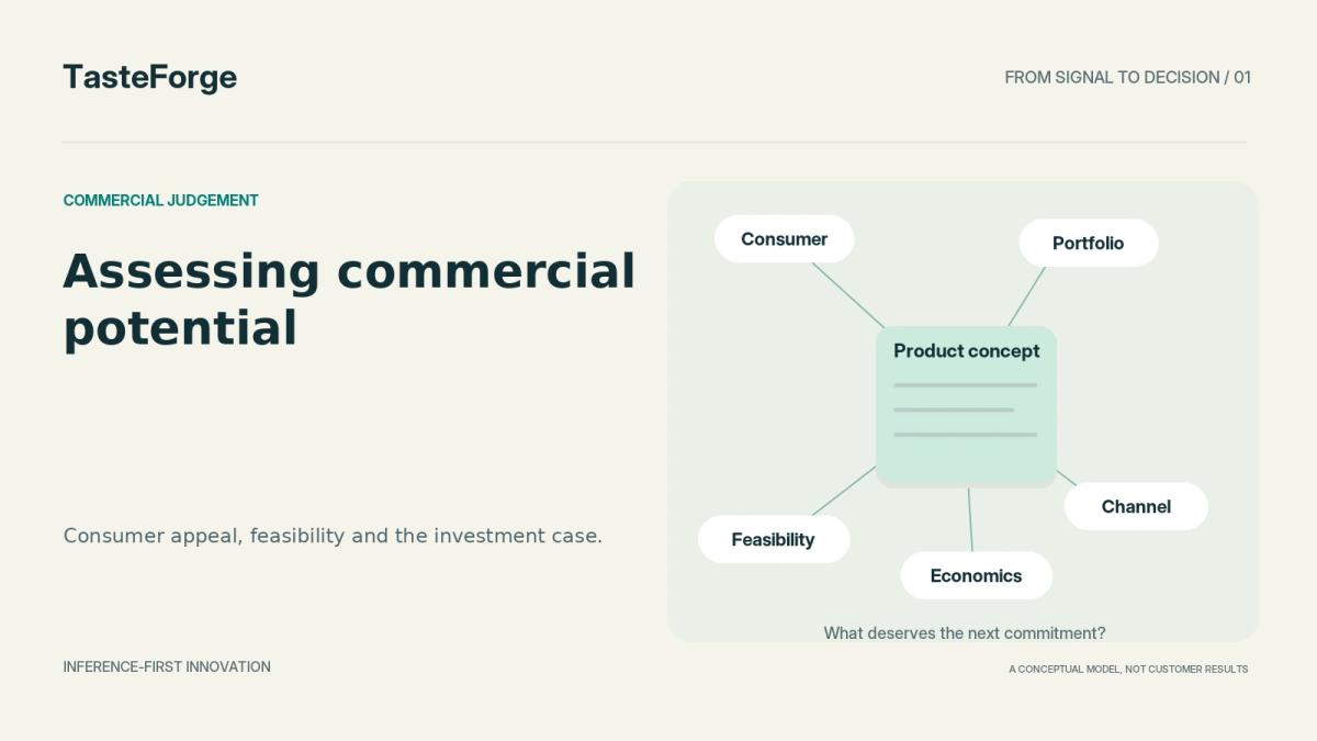 A product concept is linked to consumer, portfolio, feasibility, economics and channel checks before a next decision.