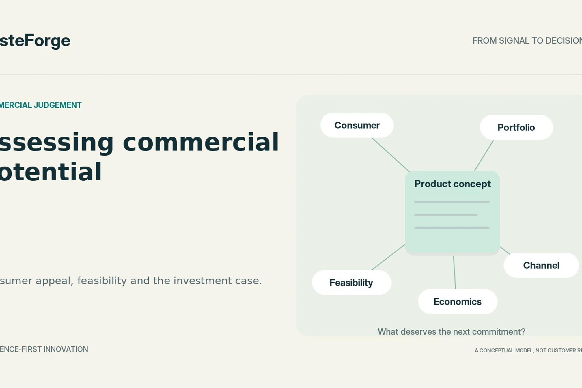 A product concept is linked to consumer, portfolio, feasibility, economics and channel checks before a next decision.