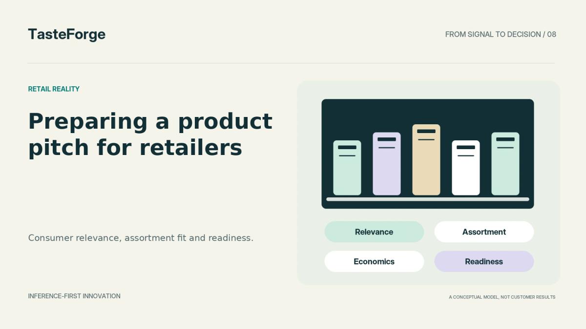 An unbranded retail shelf is supported by four evidence checks: relevance, assortment, economics and readiness.