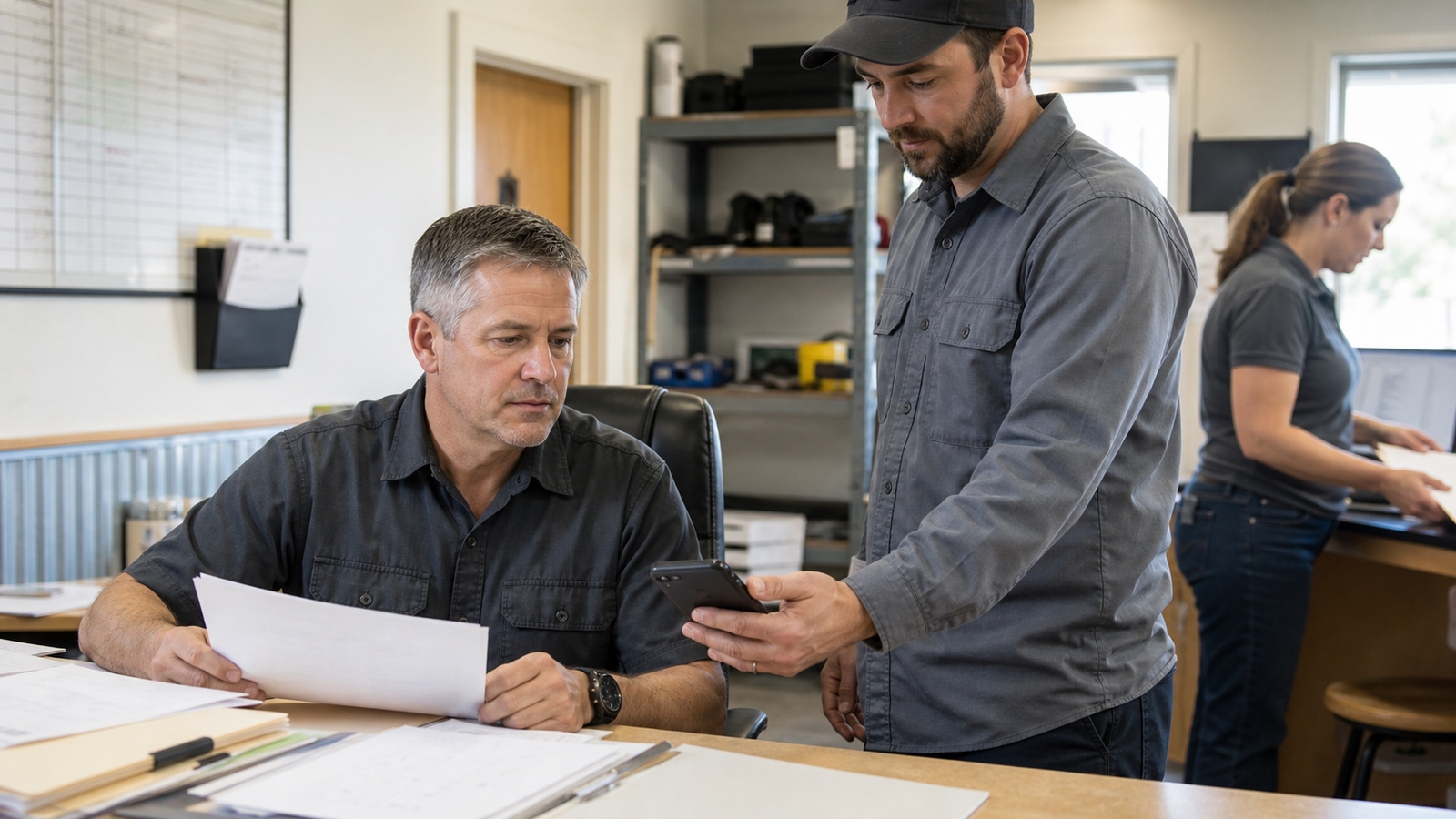 Service business employee showing a smartphone update to a manager handling office responsibilities.