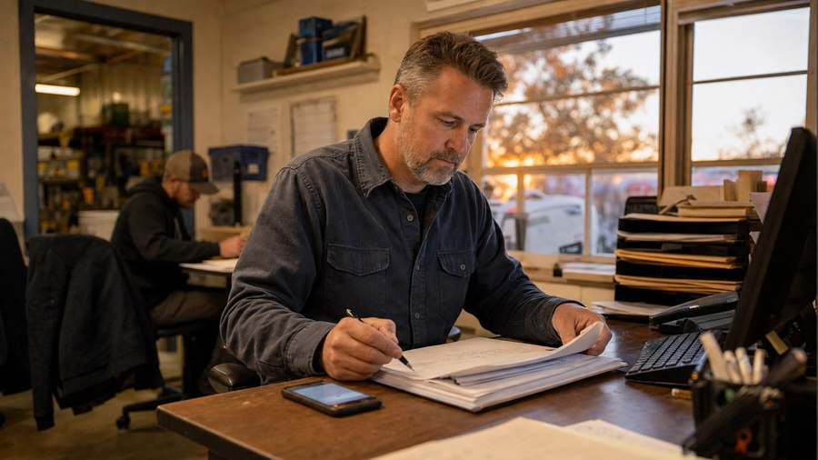 A local service-business owner reviews paperwork at the end of the day while a smartphone rests on the desk.