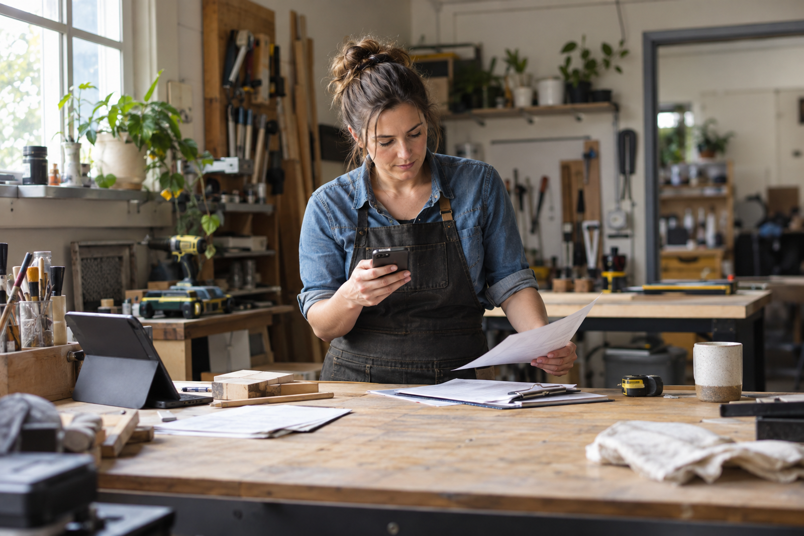 A local workshop owner checks her phone while reviewing job paperwork at a busy workbench.