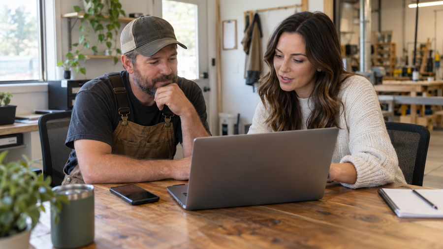 A local service-business owner and social media manager review account access together on a laptop in a workshop office.