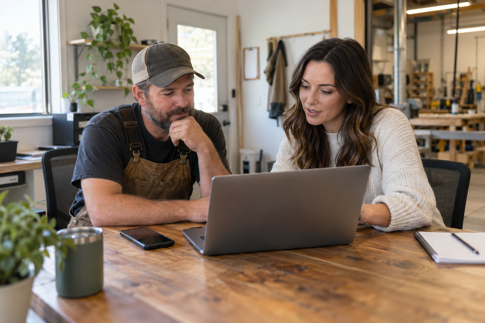 A local service-business owner and social media manager review account access together on a laptop in a workshop office.
