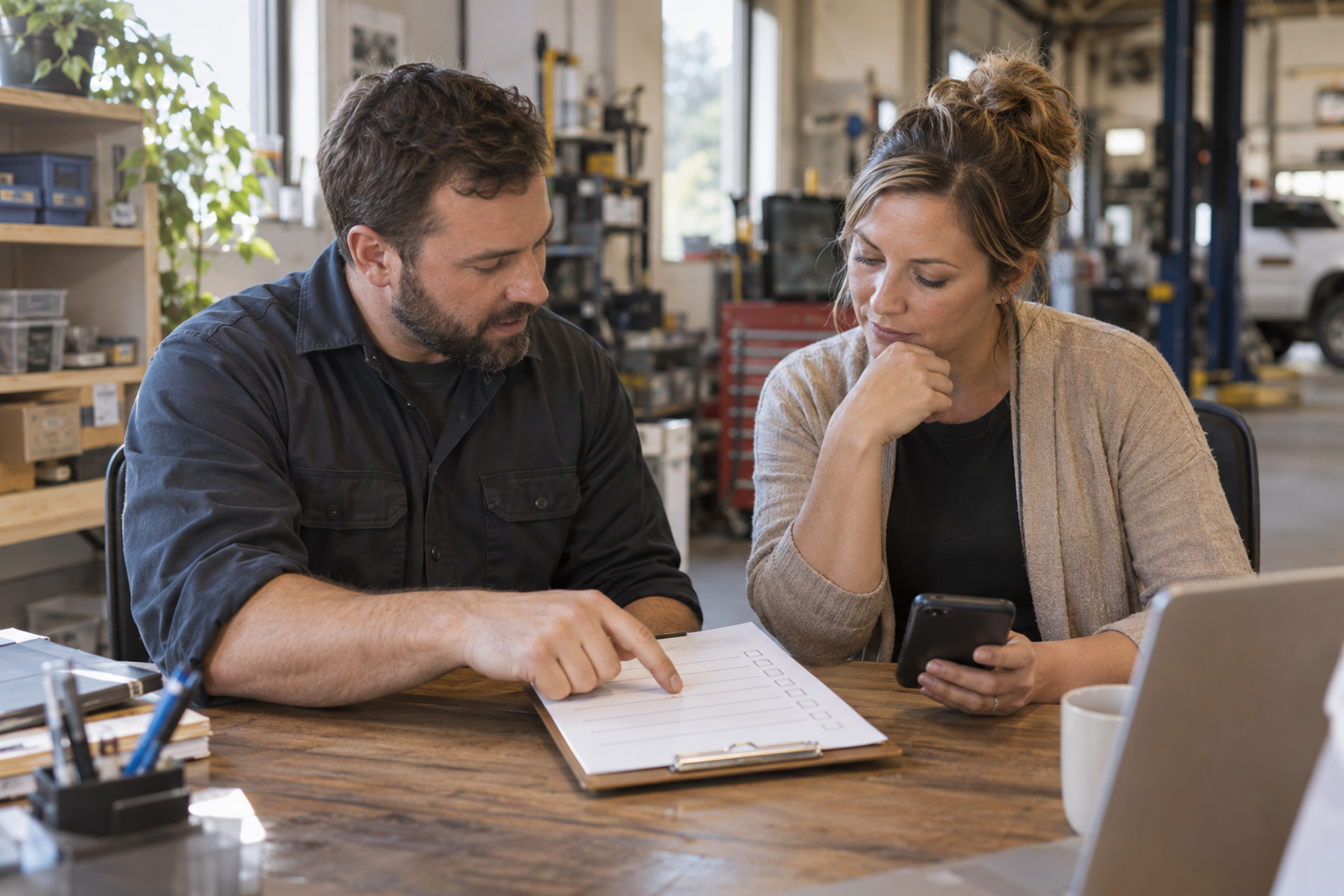 A small-business owner and office manager review an approval checklist together at a workshop table.