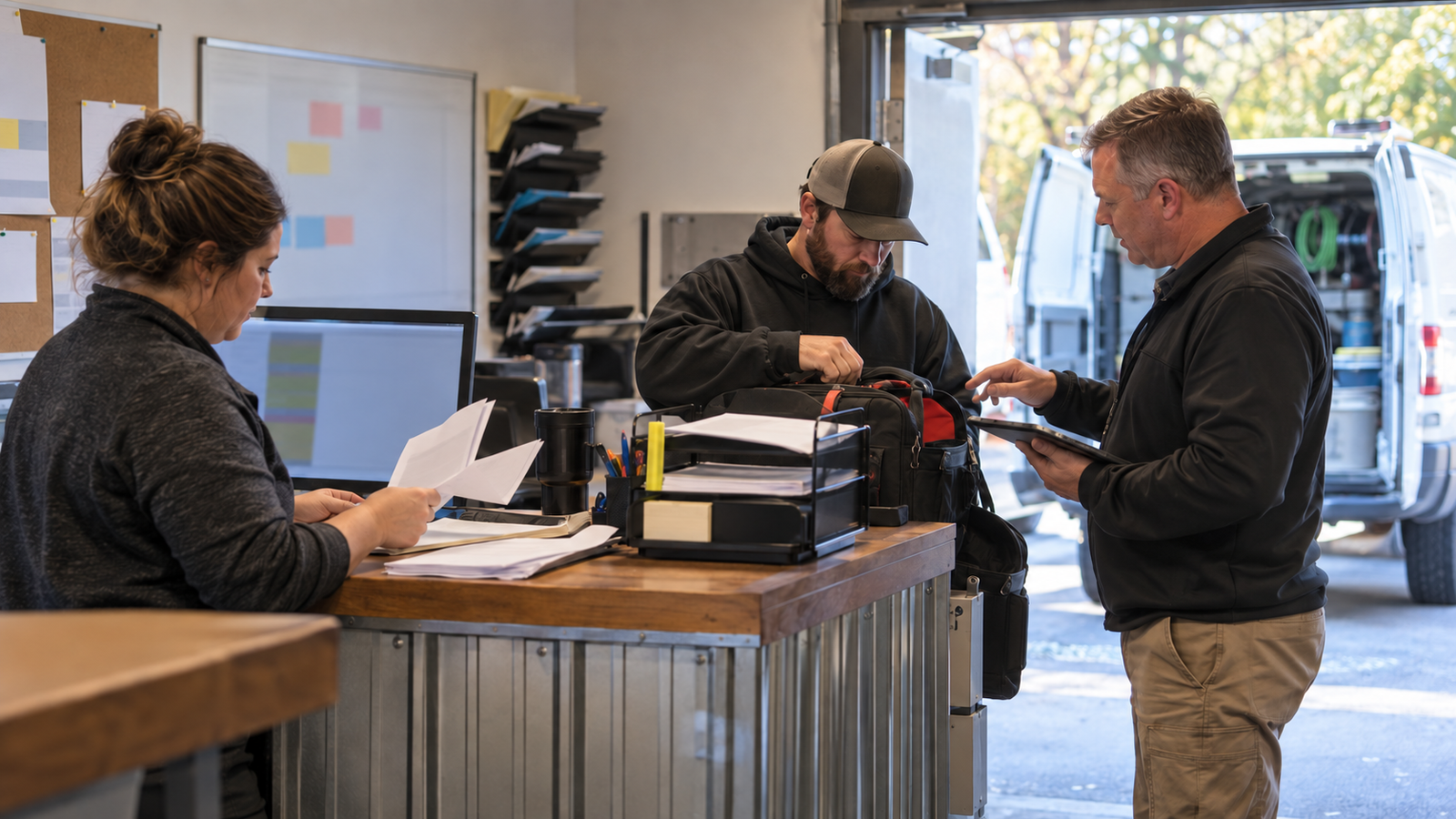 An office coordinator reviews paperwork while a technician and manager prepare for the day’s service calls.