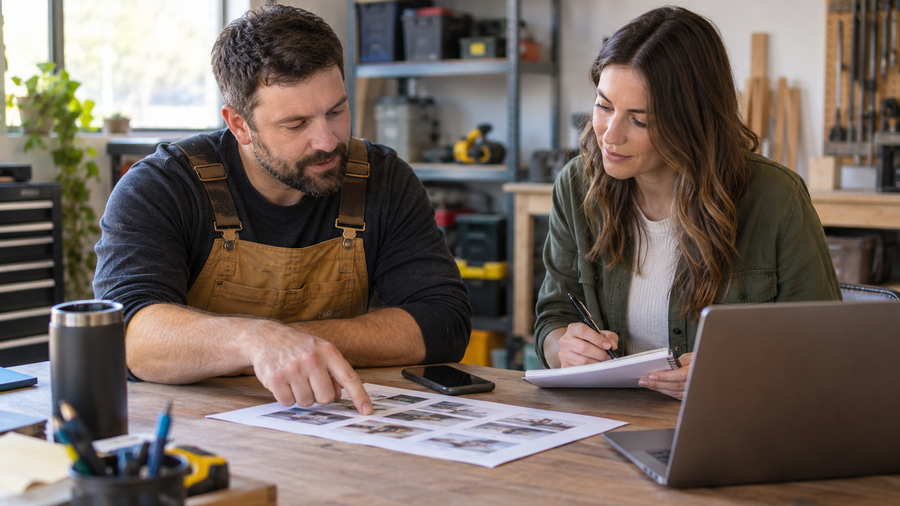 A local service-business owner and social media manager review planning materials at a workshop table.