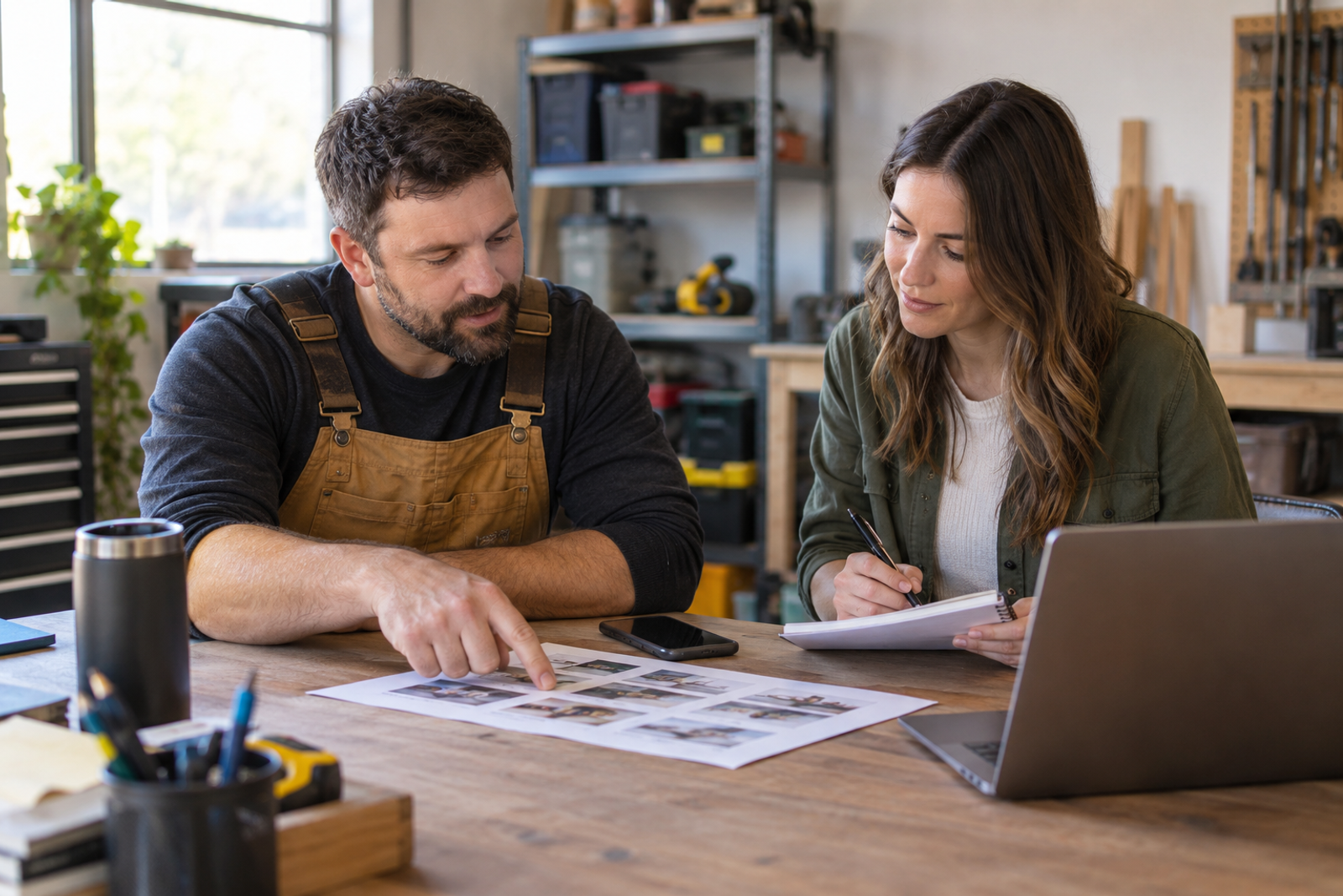 A local service-business owner and social media manager review planning materials at a workshop table.