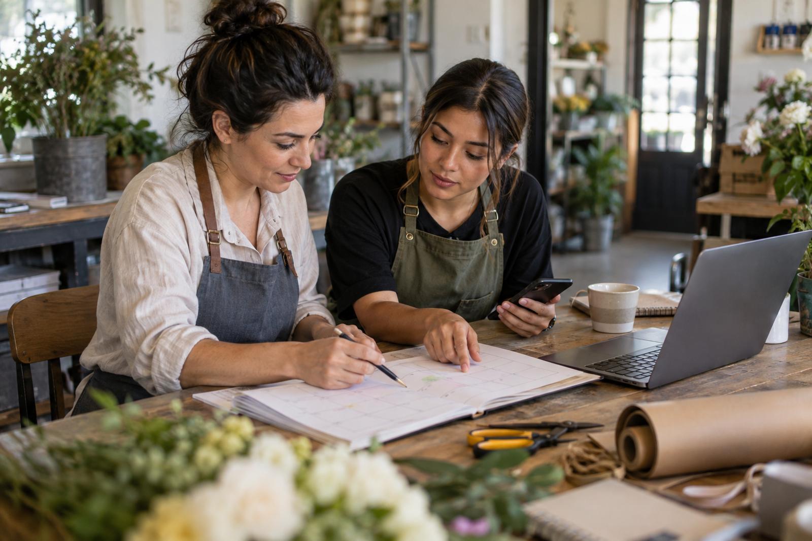 A small-business owner and employee review a paper content calendar and smartphone together at a worktable.
