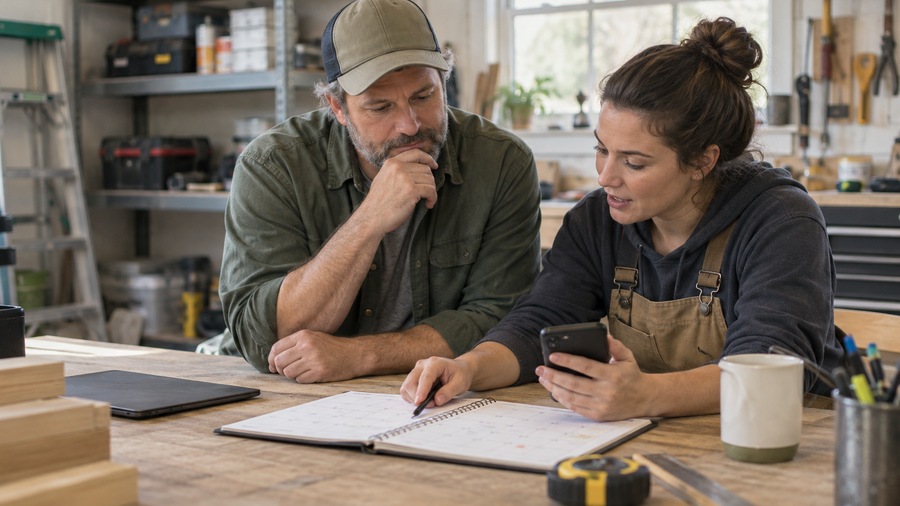 A local service business owner and employee review a calendar and smartphone together in a workshop.