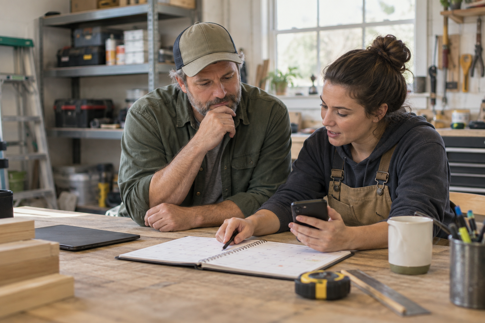 A local service business owner and employee review a calendar and smartphone together in a workshop.