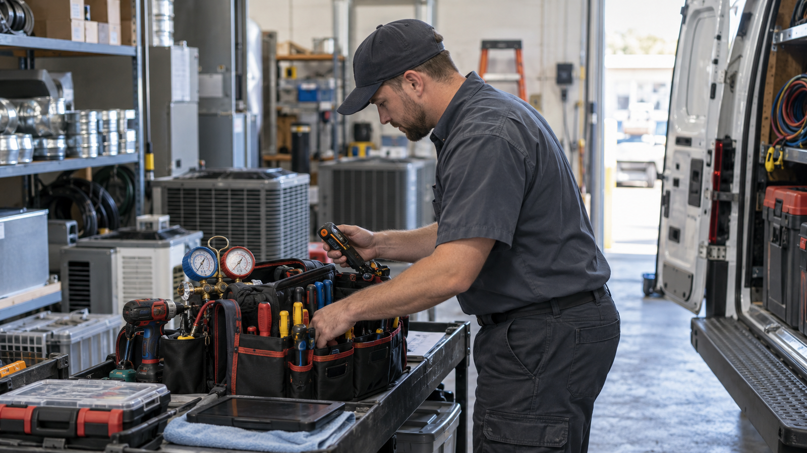 An HVAC technician organizes tools and checks equipment before a service call.