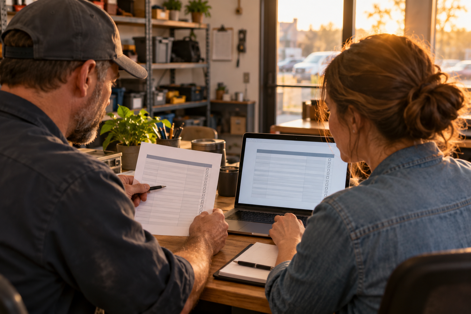 A business owner and office manager compare a printed access checklist with a laptop during a permissions review.