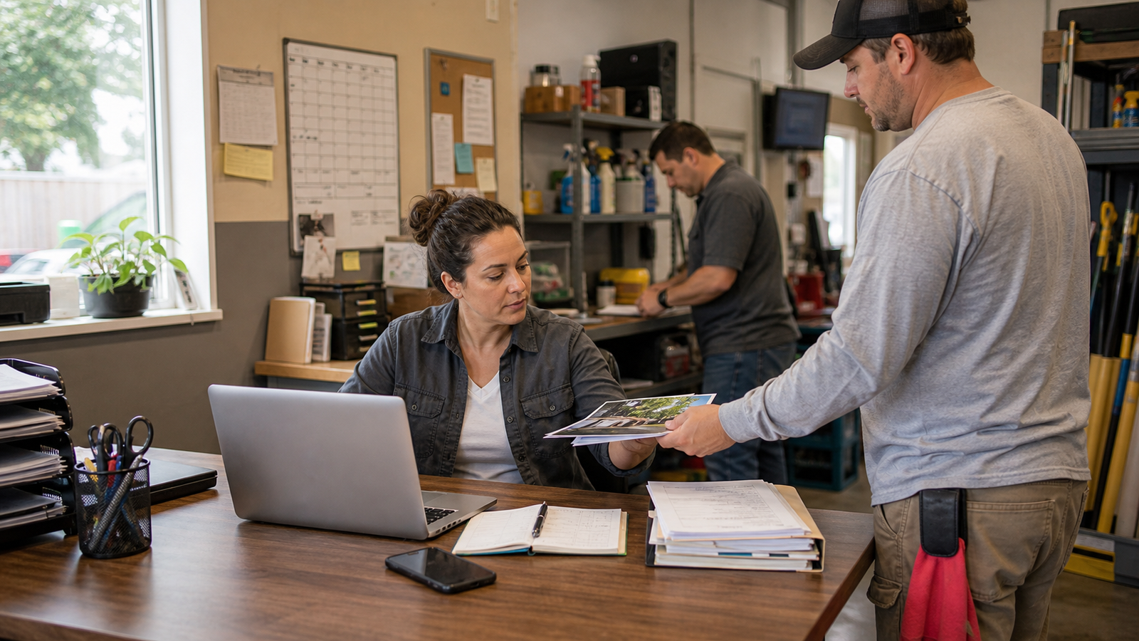 Service business owner reviewing organized job-site photos provided by an employee.