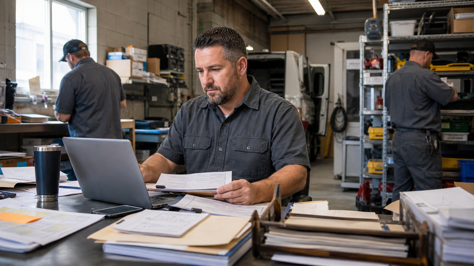 Local service business owner working at a laptop while employees handle daily operations in the background.