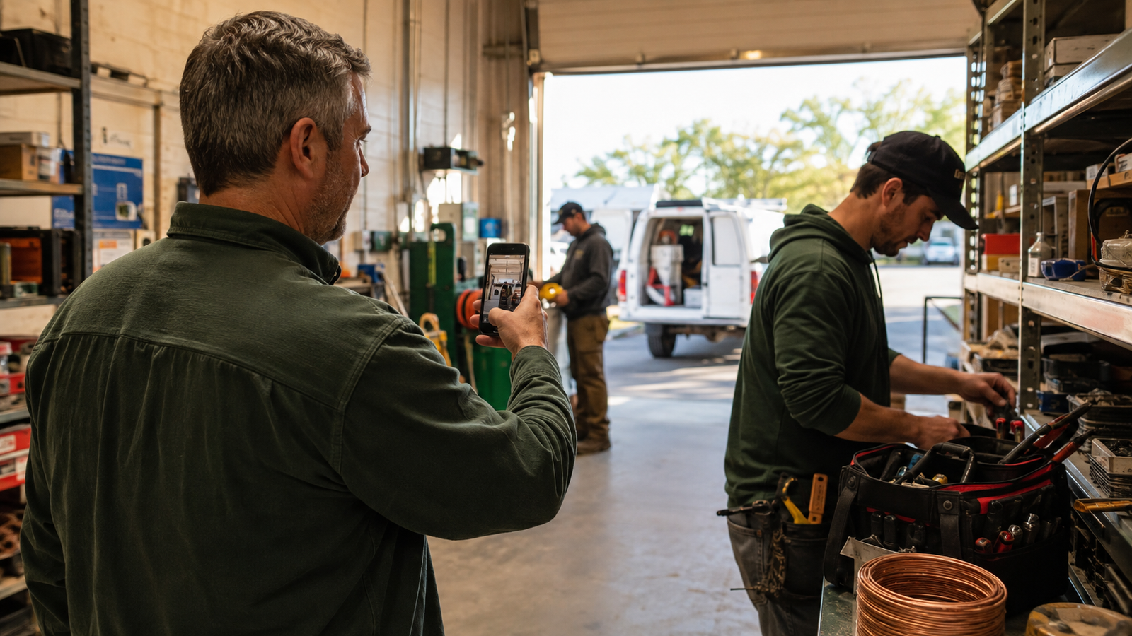 A service-business owner photographs an employee organizing tools in a workshop while another worker prepares near a service van.