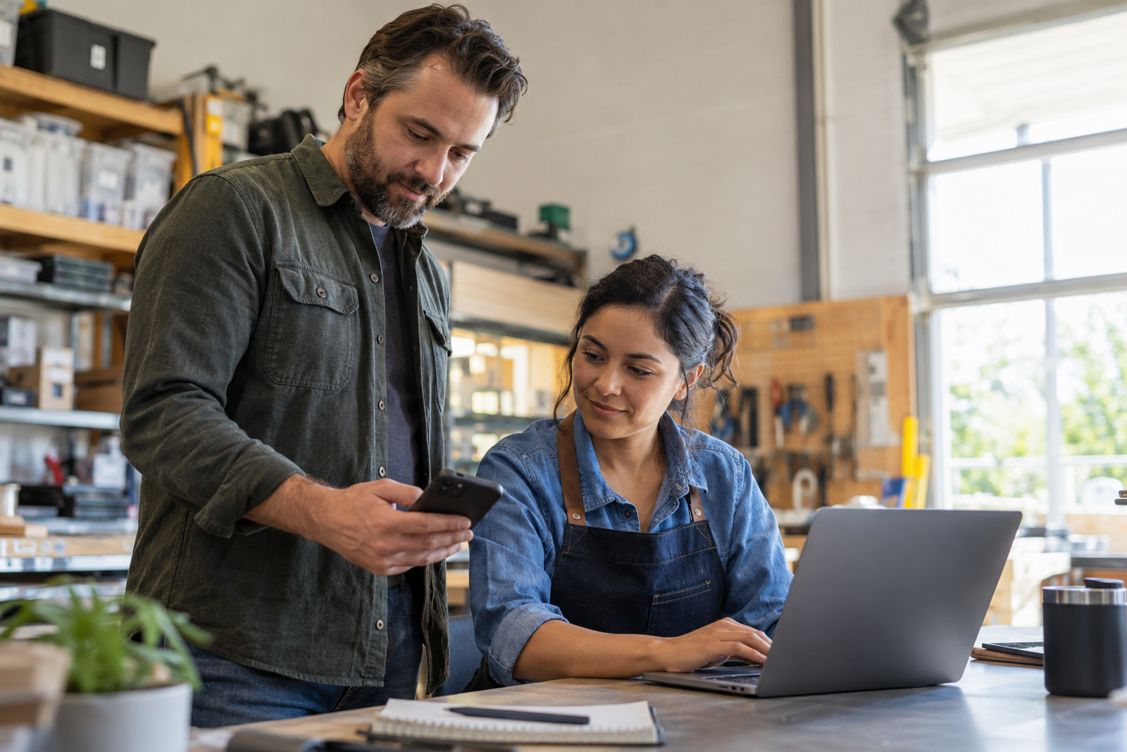 A small-business owner uses a smartphone while a team member confirms an access invitation on a laptop in a workshop office.