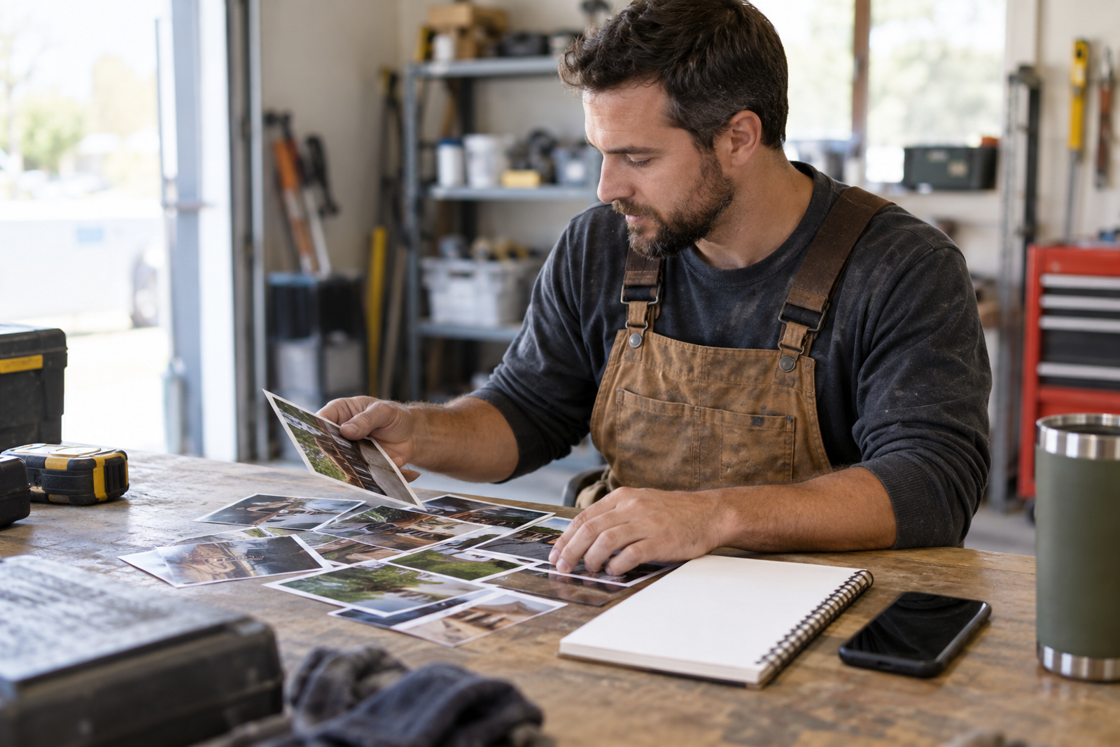 A service-business employee sorts printed work photos beside a blank notebook and smartphone in a workshop.