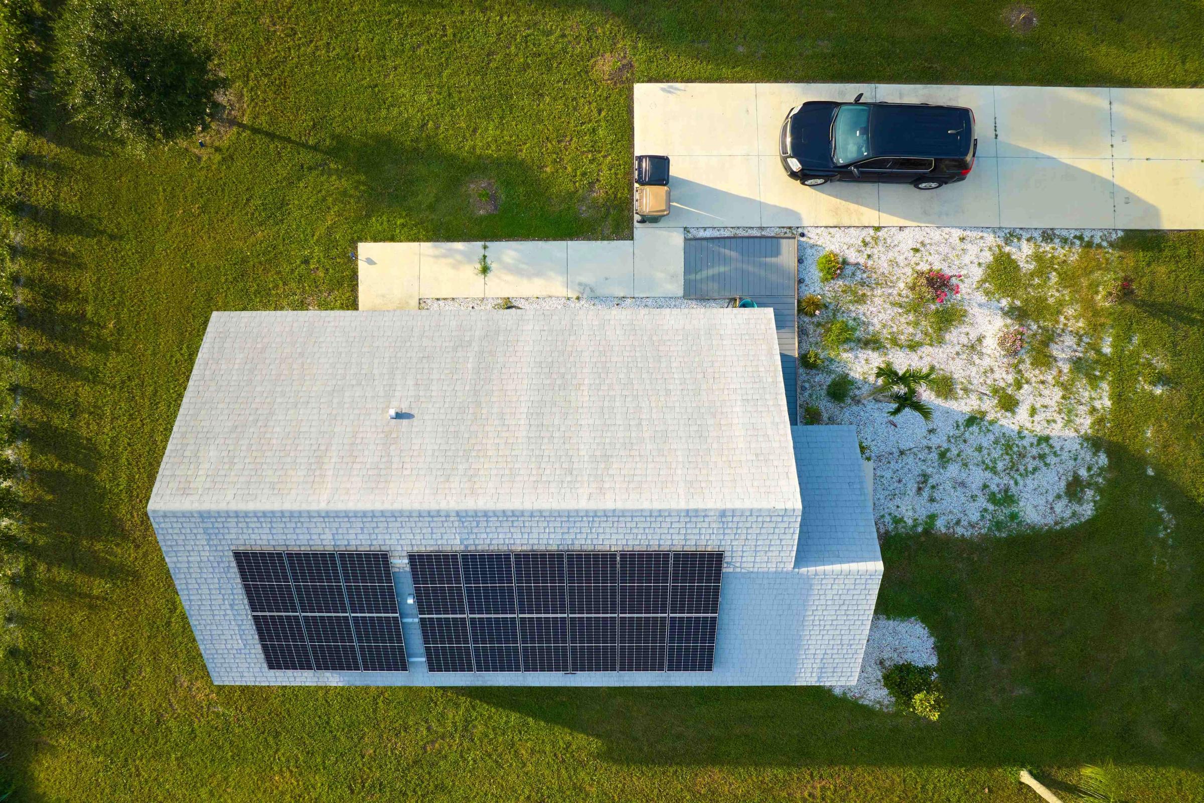 Aerial view of a rooftop solar installation
