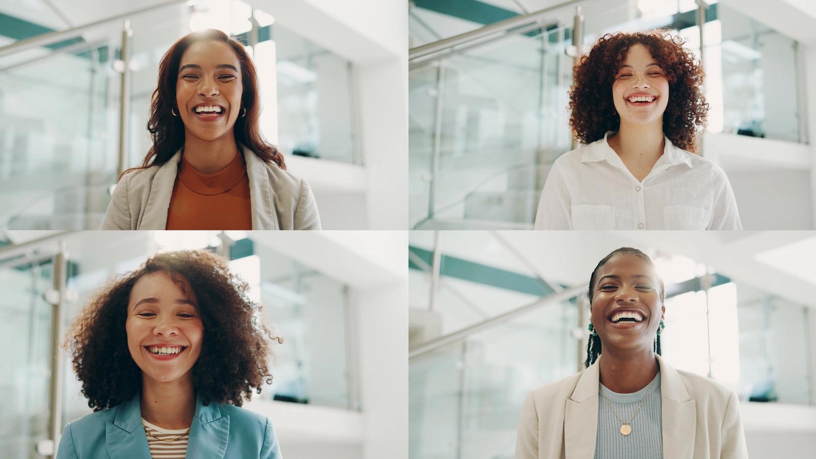 Four people smiling in a bright video-call style grid