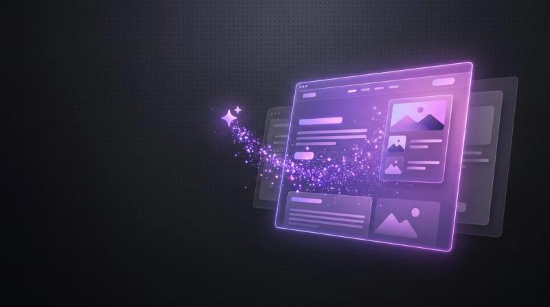 Dunkles Thumbnail zum Thema Website mit KI erstellen: ein angewinkeltes Website-Mockup, das von violetten KI-Partikeln und einem Sparkle-Symbol zusammengesetzt wird.