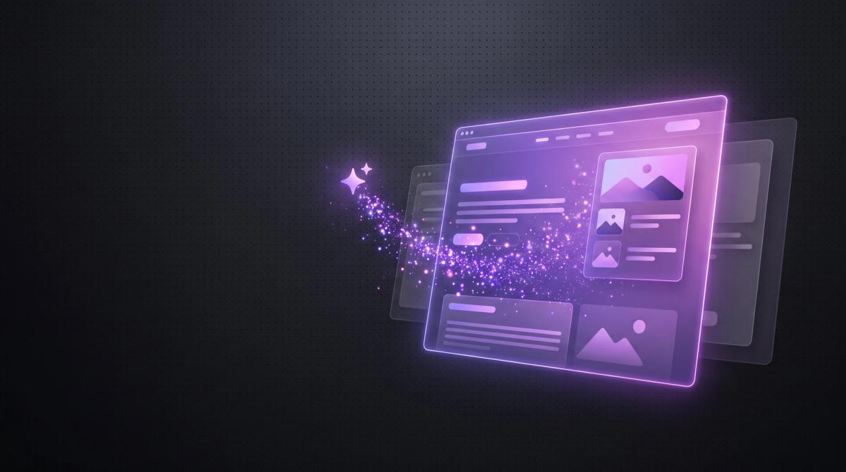 Dunkles Thumbnail zum Thema Website mit KI erstellen: ein angewinkeltes Website-Mockup, das von violetten KI-Partikeln und einem Sparkle-Symbol zusammengesetzt wird.