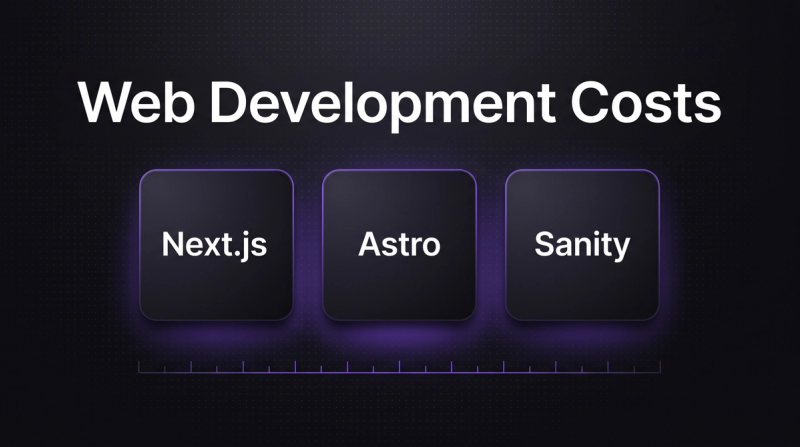 Dark thumbnail on web development costs: three tiles with the wordmarks Next.js, Astro and Sanity above a violet cost scale.