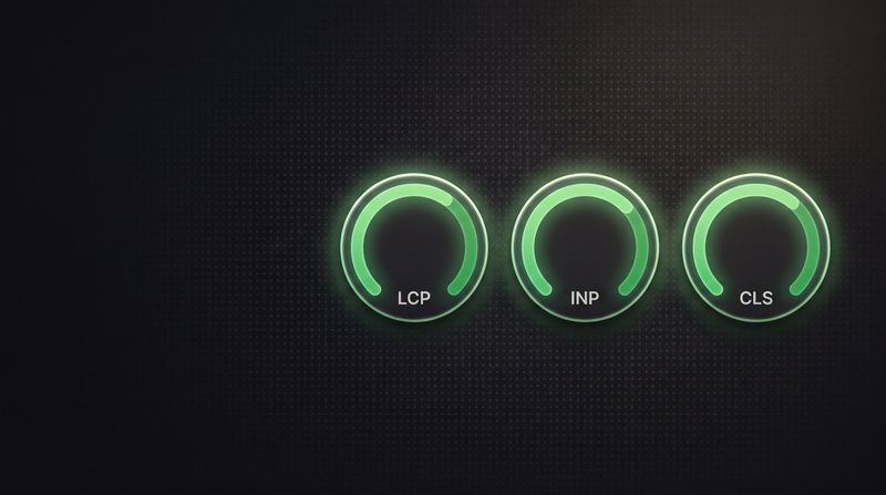 Dunkles Thumbnail zum Thema Core Web Vitals: drei gruen leuchtende Performance-Gauges beschriftet mit LCP, INP und CLS.