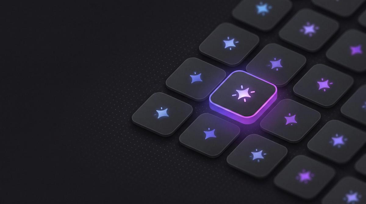 Dunkles Thumbnail zum Thema KI-Suchmaschinen: ein Raster aus App-Kacheln mit leuchtenden Funken-Icons, eine violett hervorgehoben.