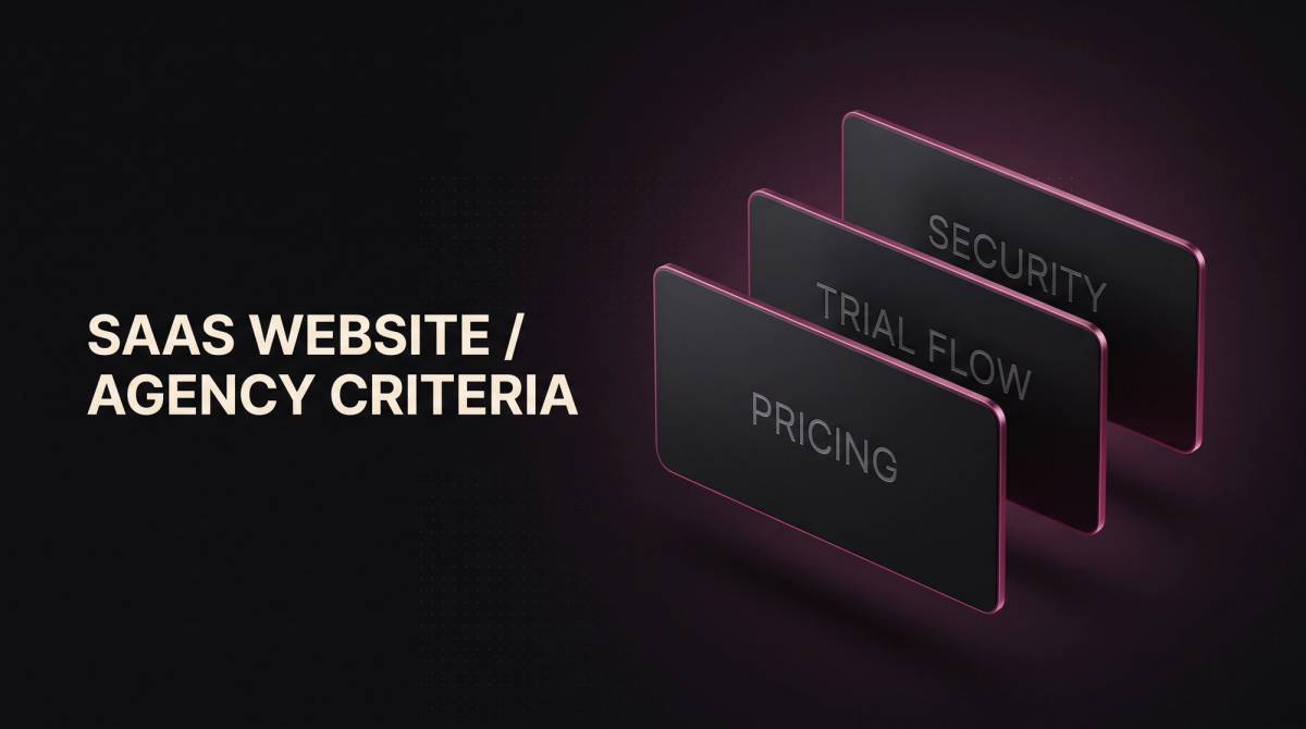 Dunkles Thumbnail zum Thema Agentur für SaaS-Websites: drei schwebende Platten mit magentafarbenen Kanten und den Beschriftungen Pricing, Trial Flow und Security neben der Überschrift SaaS Website Agency Criteria.