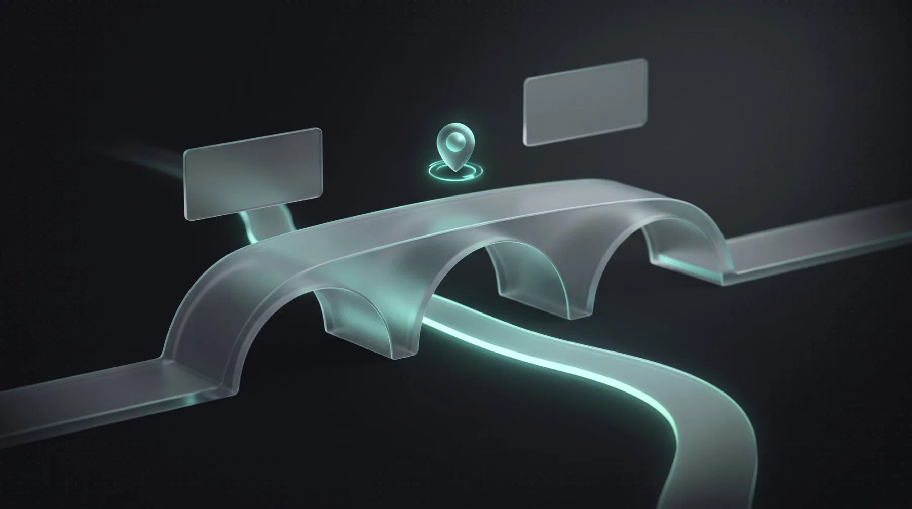 Glass bridge with three arches over a mint green glowing line, a symbol for web design agencies in Regensburg
