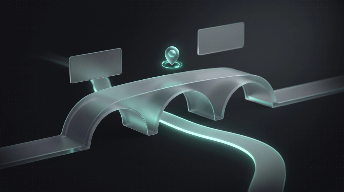 Glas-Brücke mit drei Bögen über einer mintgrün leuchtenden Linie, Symbol für Webdesign-Agenturen in Regensburg