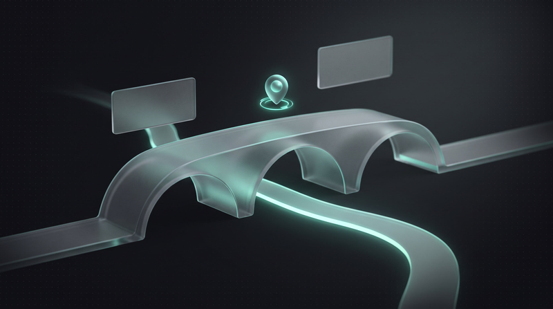 Glas-Brücke mit drei Bögen über einer mintgrün leuchtenden Linie, Symbol für Webdesign-Agenturen in Regensburg