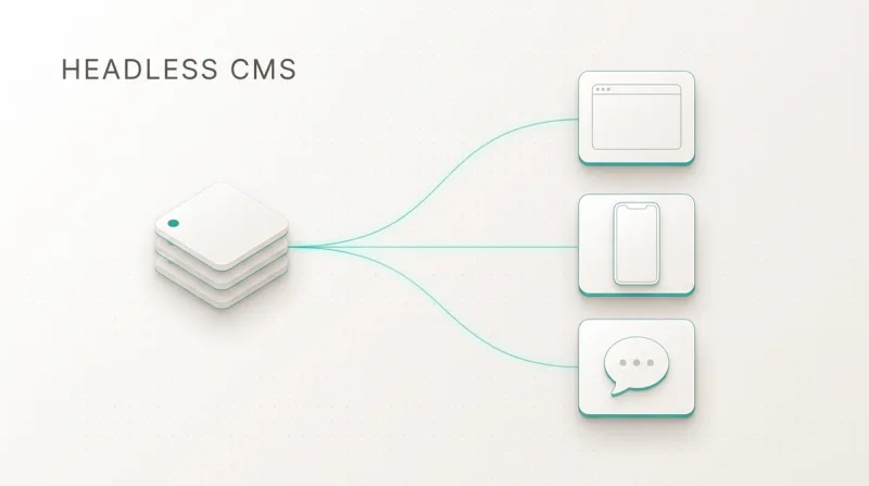 Diagram of a headless CMS: one content database delivers content to website, app and AI answer