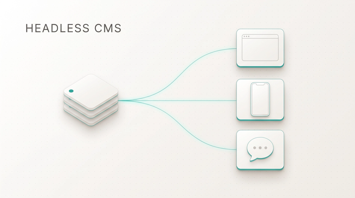 Diagramm eines Headless CMS: eine Content-Datenbank liefert Inhalte an Website, App und KI-Antwort