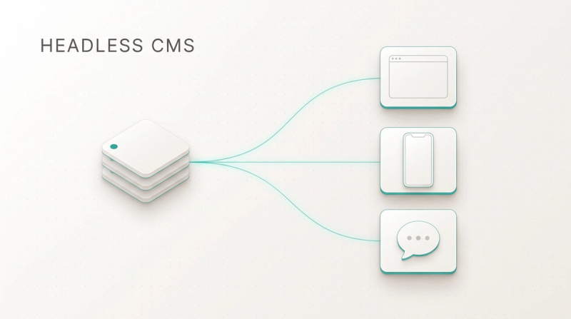 Diagram of a headless CMS: one content database delivers content to website, app and AI answer