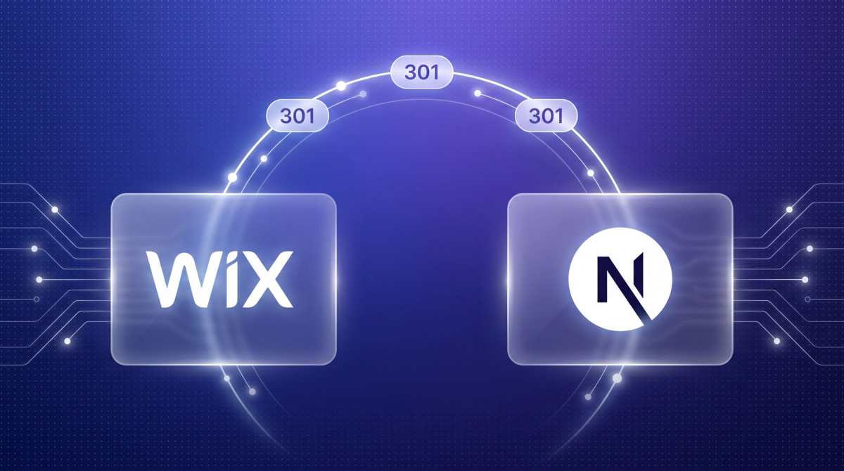 Migration von Wix zu Next.js als Bogen mit drei 301-Weiterleitungen zwischen beiden Logos