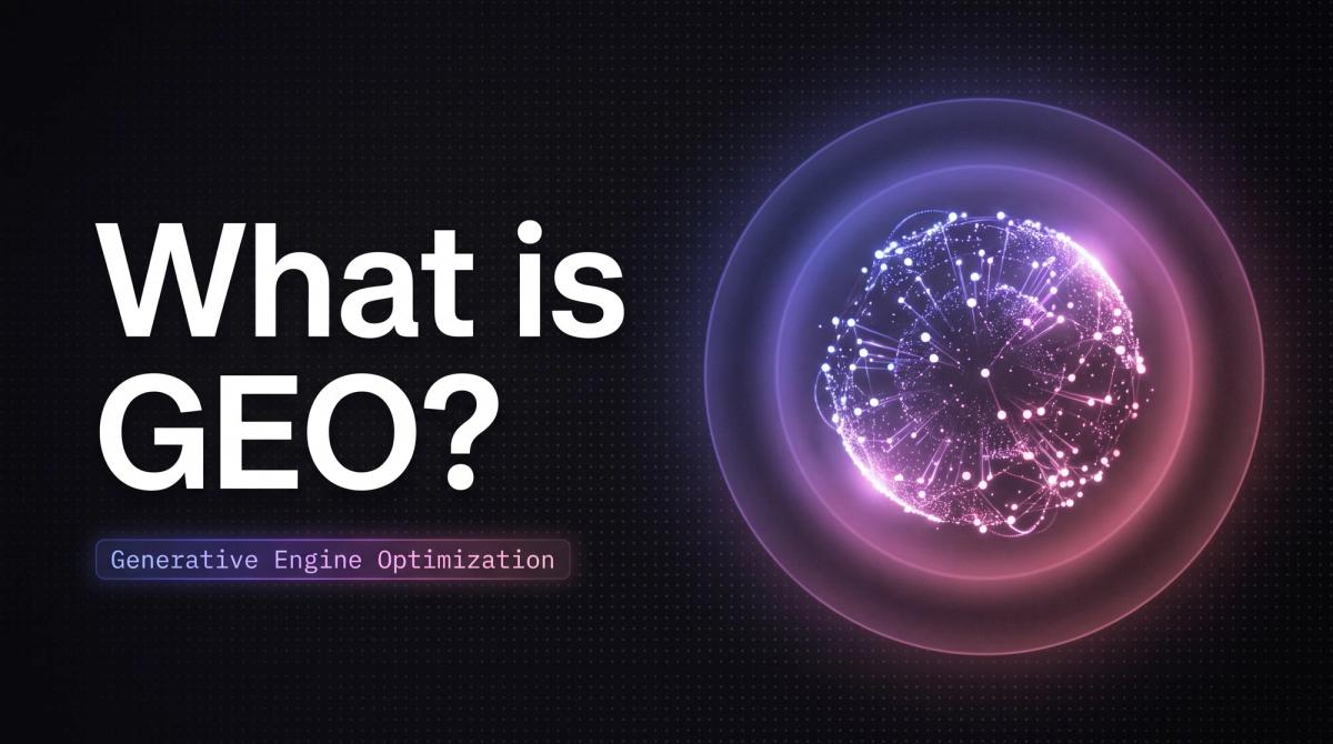 Dunkles Thumbnail zum Thema Generative Engine Optimization: große Typo What is GEO neben einem leuchtenden Knoten-Orb, der eine KI-Antwort andeutet.