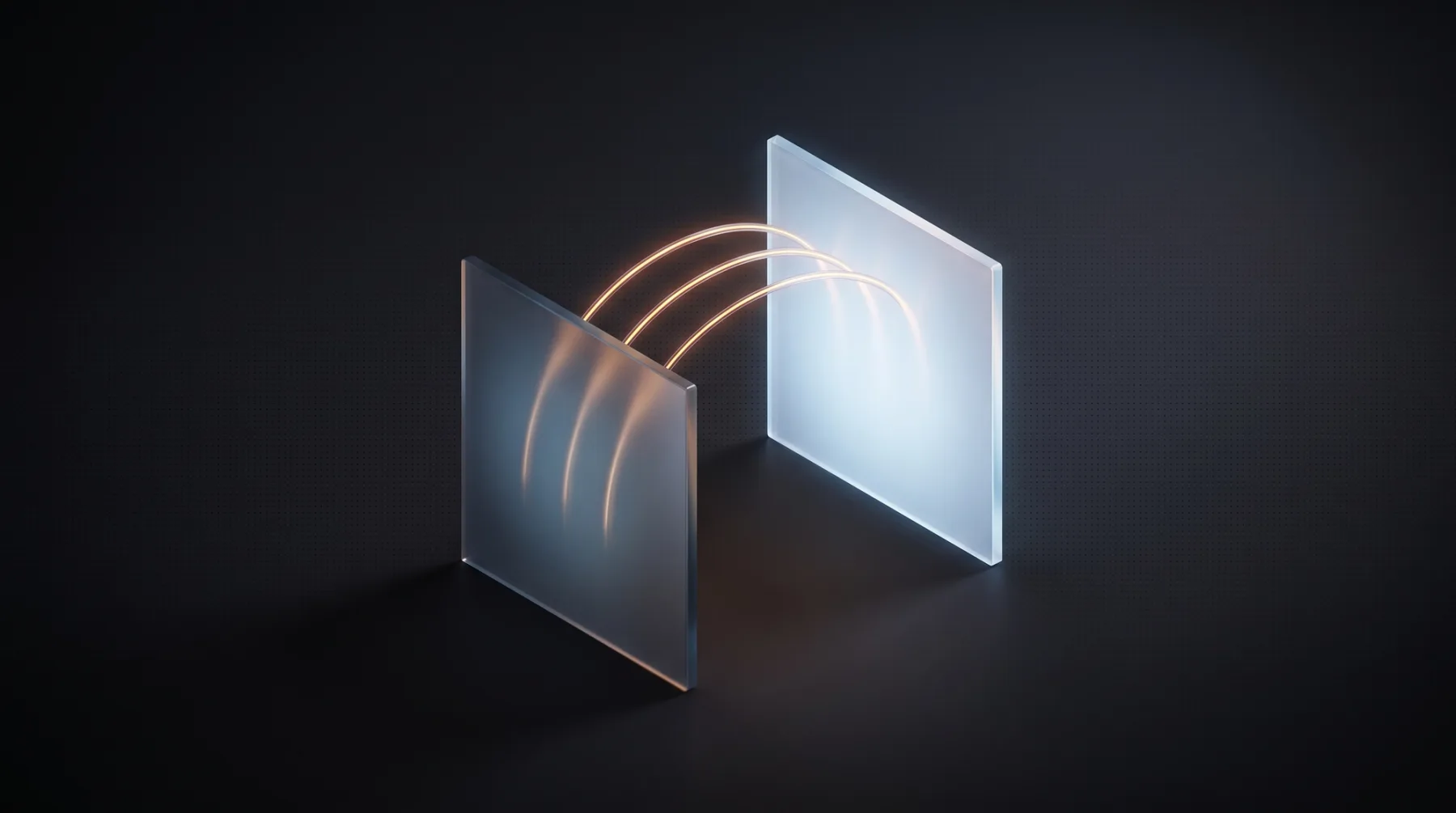 Dark thumbnail on website relaunches: two glass panels side by side, connected by three glowing arcs as a symbol for redirects.