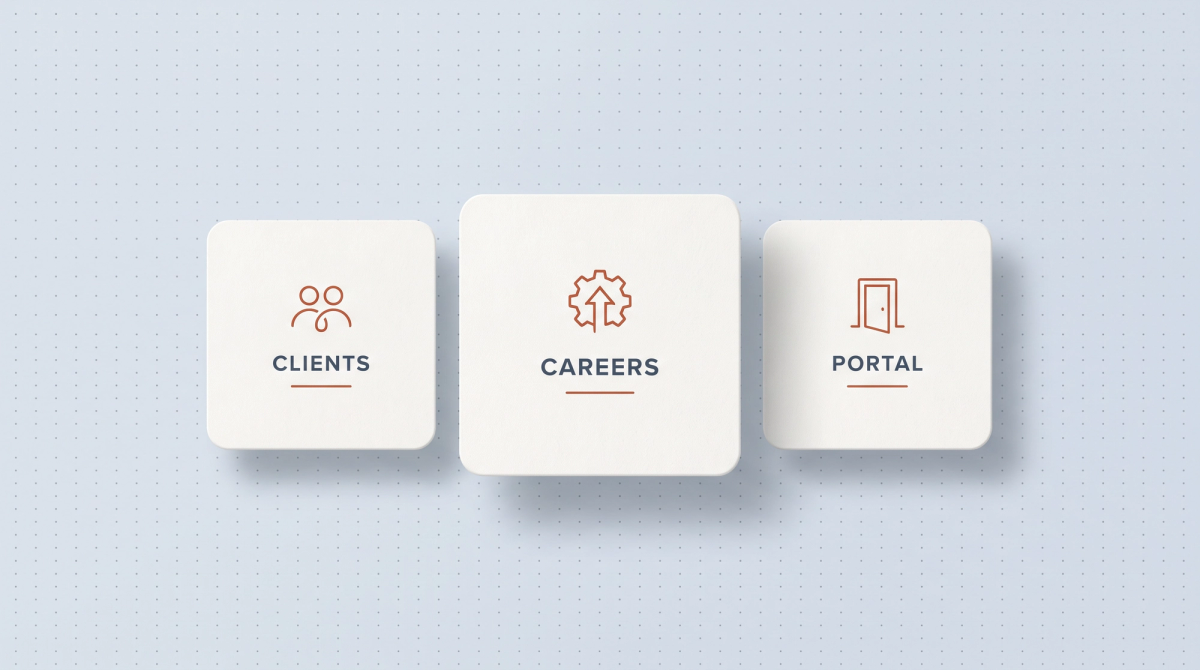 Helles Thumbnail zum Thema Agentur für Steuerberater-Websites: drei schwebende Karten mit terrakottafarbenen Icons und den Beschriftungen Clients, Careers und Portal vor porzellanblauem Hintergrund.