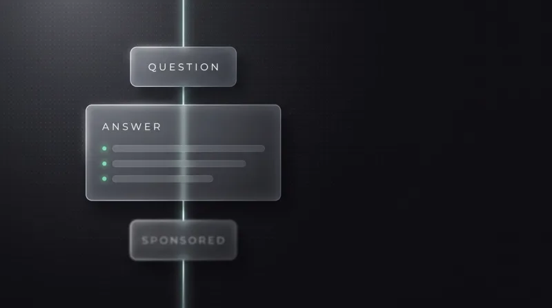 Chat thread with a question, an answer with highlighted recommendations and a faded sponsored ad below